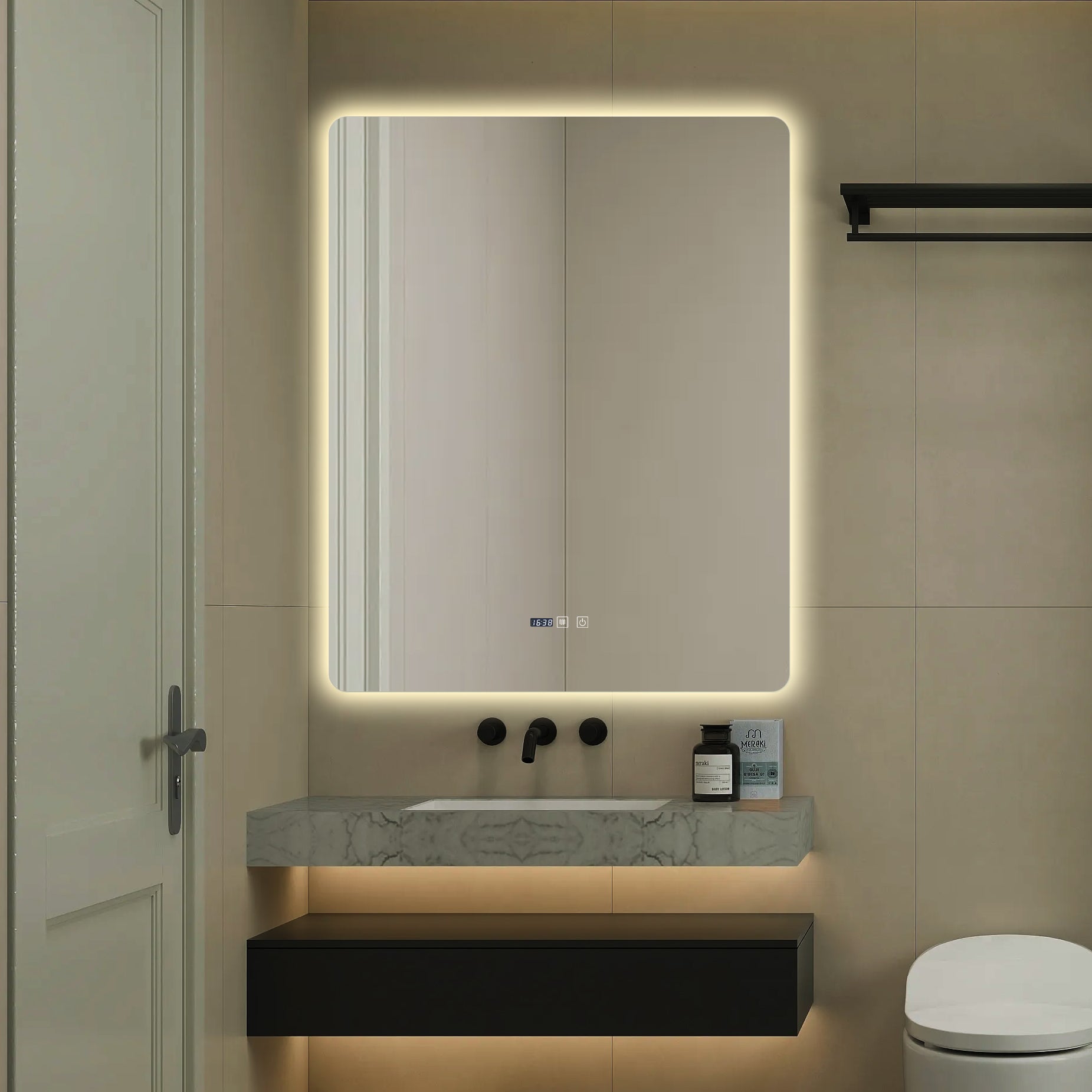 Oglinda LED Dreptunghiulara cu Ceas 100x80cm Functie Dezaburire si Touch