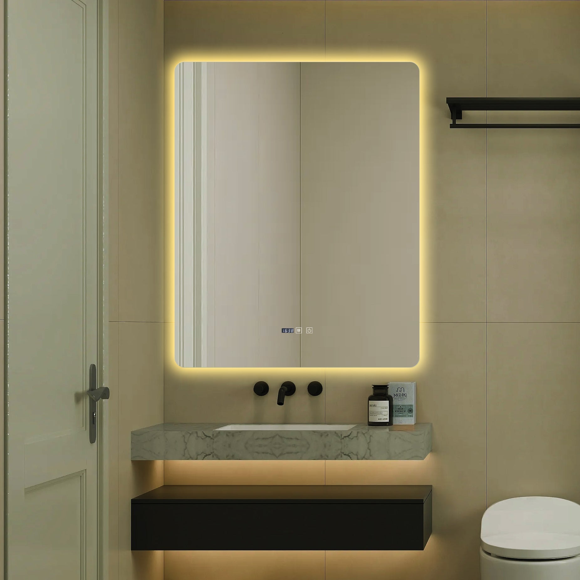 Oglinda LED Dreptunghiulara cu Ceas 100x80cm Functie Dezaburire si Touch