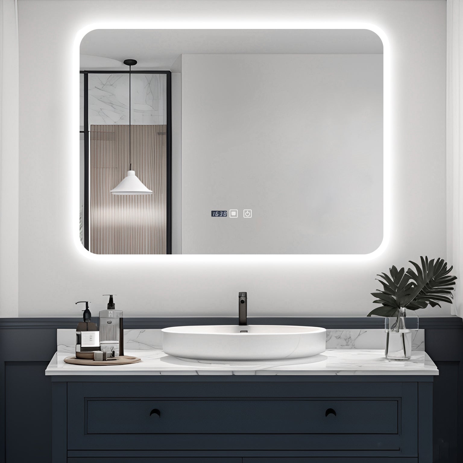 Oglinda LED Dreptunghiulara cu Ceas 80x60cm Functie Dezaburire si Touch