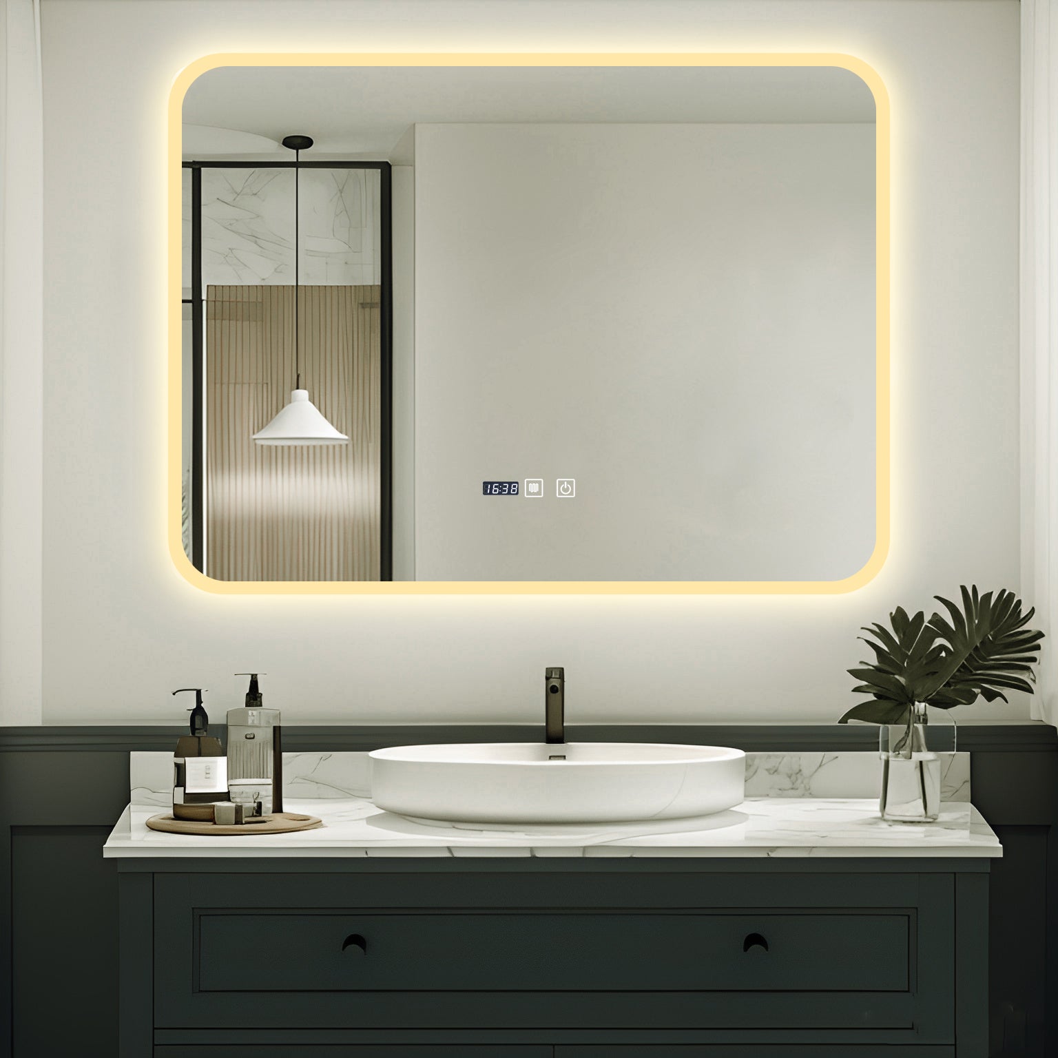 Oglinda LED Dreptunghiulara cu Ceas 80x60cm Functie Dezaburire si Touch