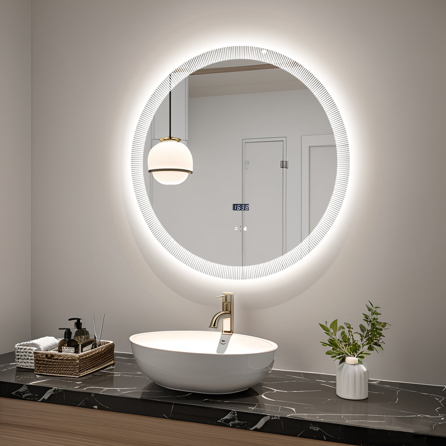 Oglinda LED Rotunda cu Ceas Ø70cm Functie Dezaburire si Touch