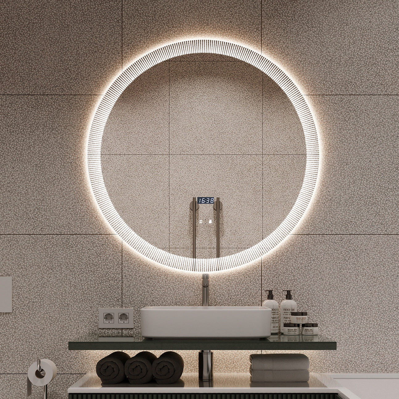 Oglinda LED Rotunda cu Ceas Ø70cm Functie Dezaburire si Touch