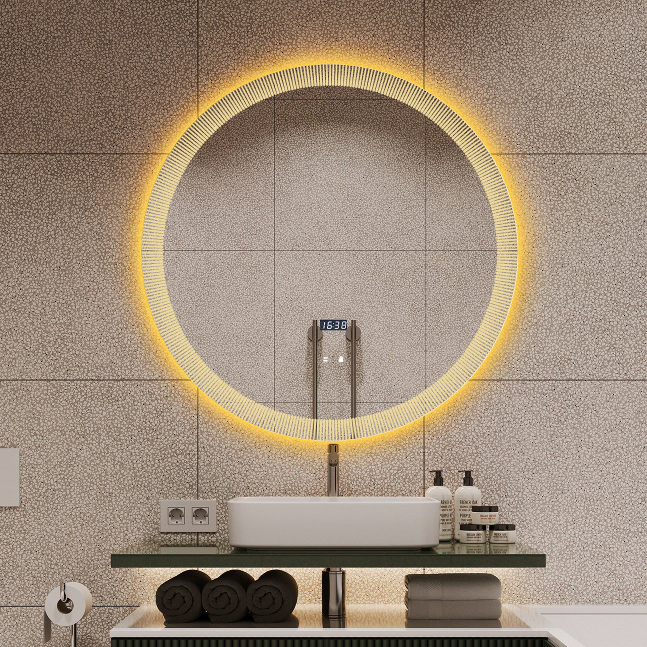 Oglinda LED Rotunda cu Ceas Ø70cm Functie Dezaburire si Touch