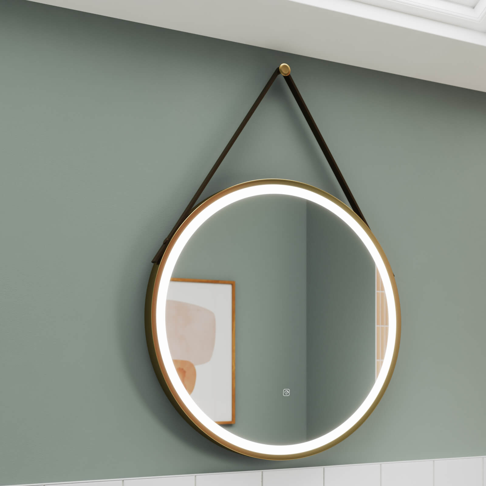 Oglinda LED Baie 60cm FOG GOLD Piele+Aluminiu, Senzor Miscare, Temperatura, Ceas si Dezaburire