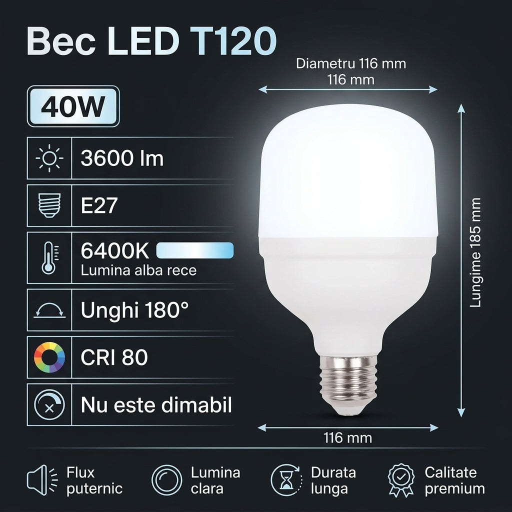 Bec LED Titan Polar T120 Mat E27 Lumina Rece 40W Echivalent 250W
