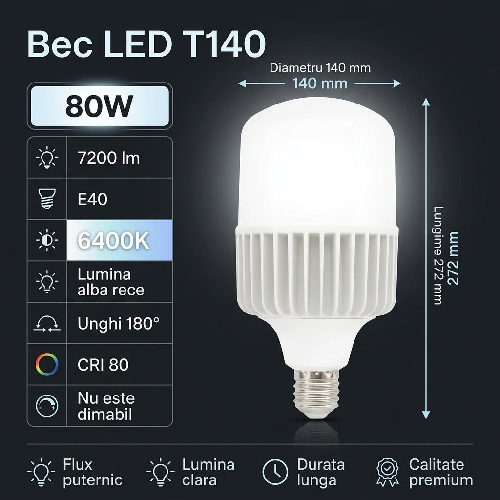 Bec LED Industrial Polar T140 Mat E40 Lumina Rece 80W Echivalent 500W