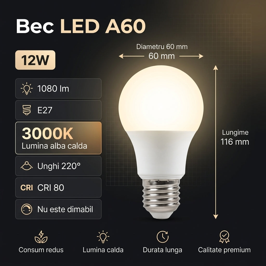 Bec LED Amber A60 Mat E27 Lumina Calda 12W Echivalent 75W