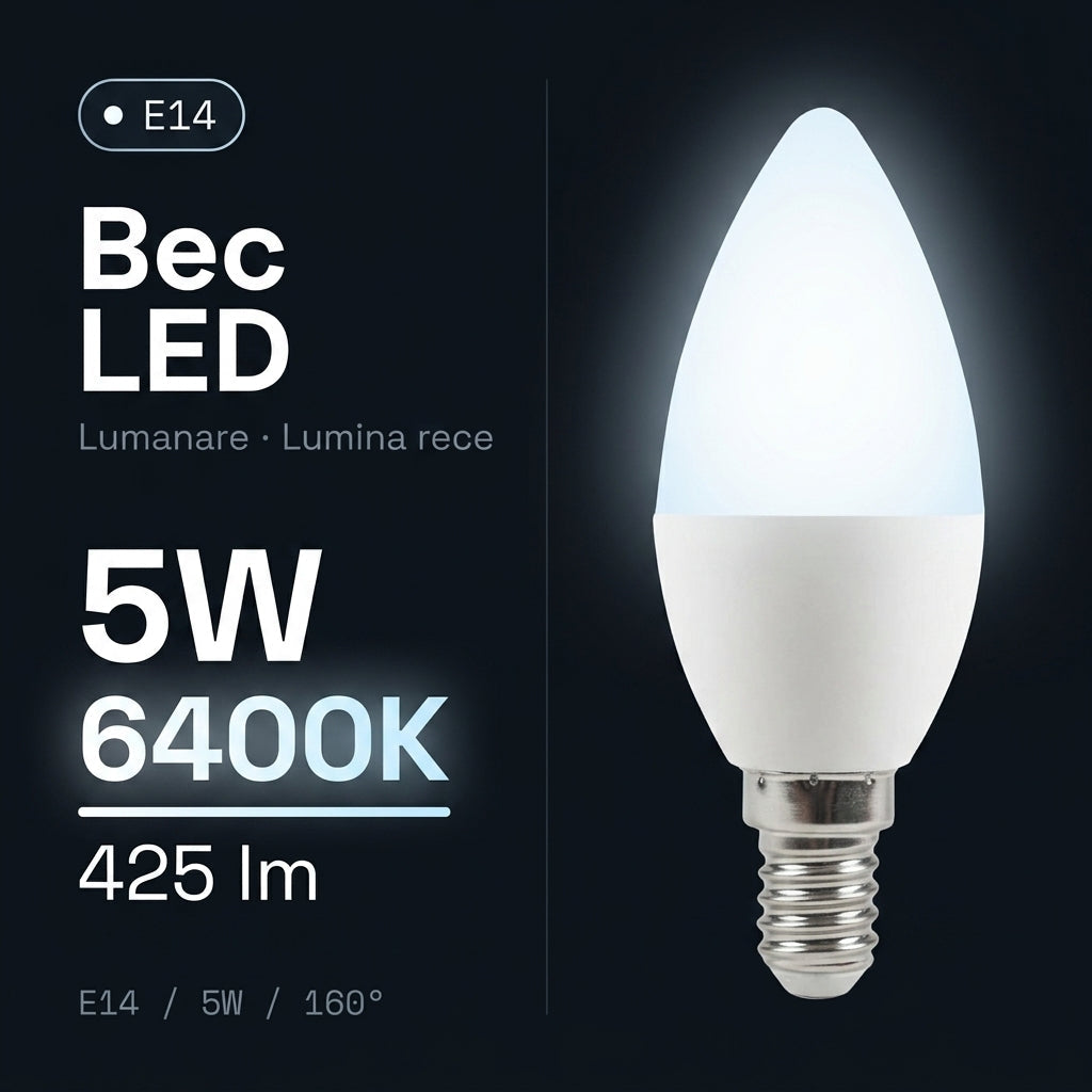 Bec LED E14 5W Lumanare Mat, 425lm, Echivalent 40W Alb Rece