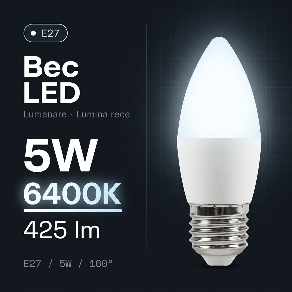 Bec LED E27 5W Lumanare Mat, 425lm, Echivalent 40W Alb Rece