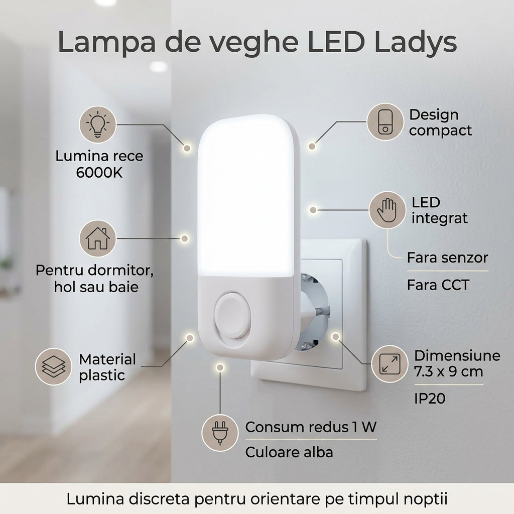 Lampa de Veghe LED Ladys Alba 1W Lumina Rece 6000K