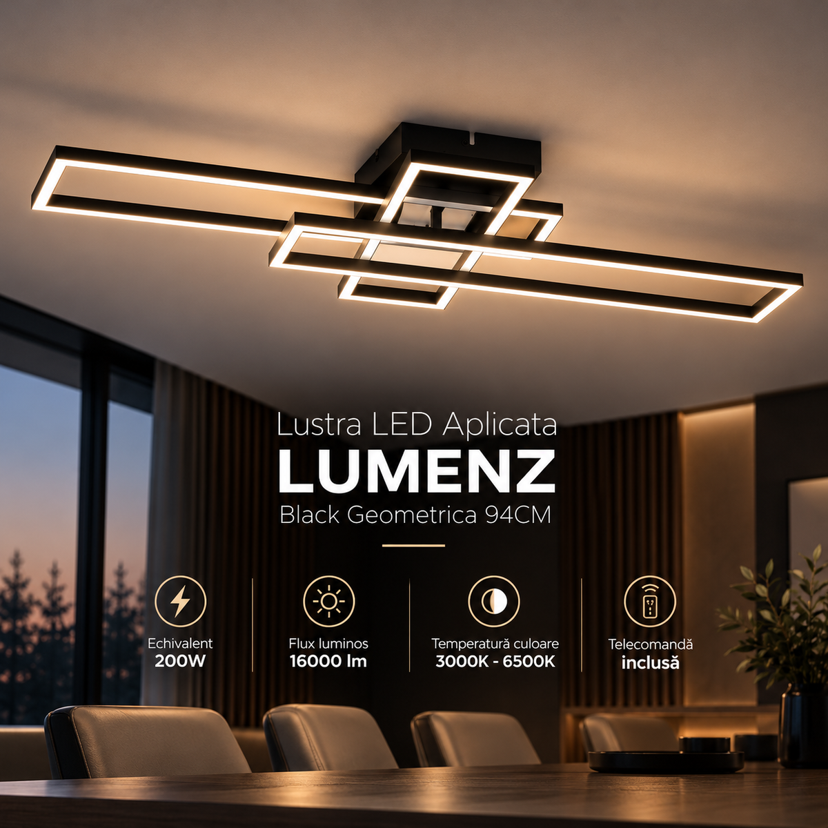 Lustra LED Aplicata LUMENZ Black Geometrica 94CM Telecomanda Echivalent 200W