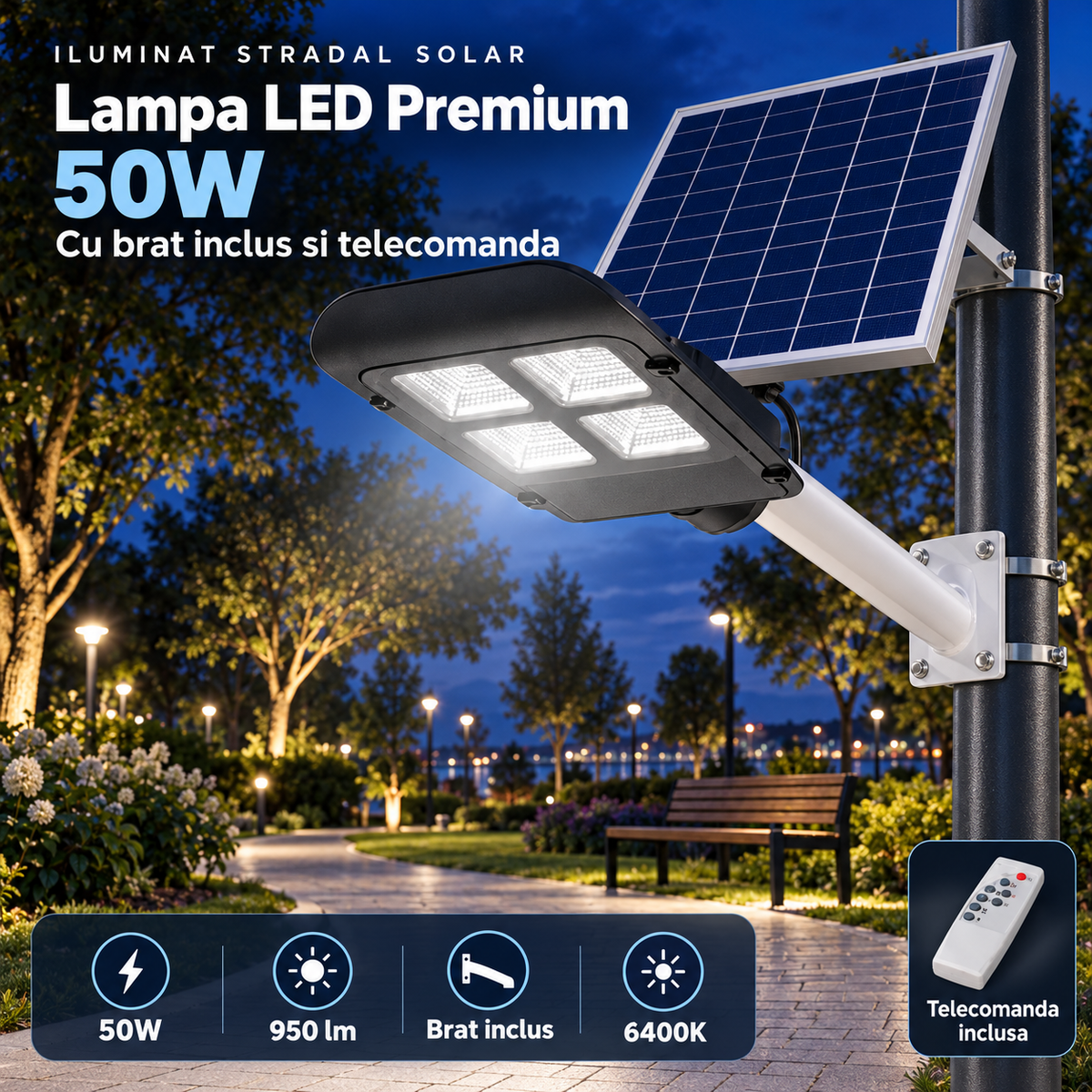 Lampa LED Premium 50W Iluminat Stradal Solara Cu Brat Inclus Telecomanda