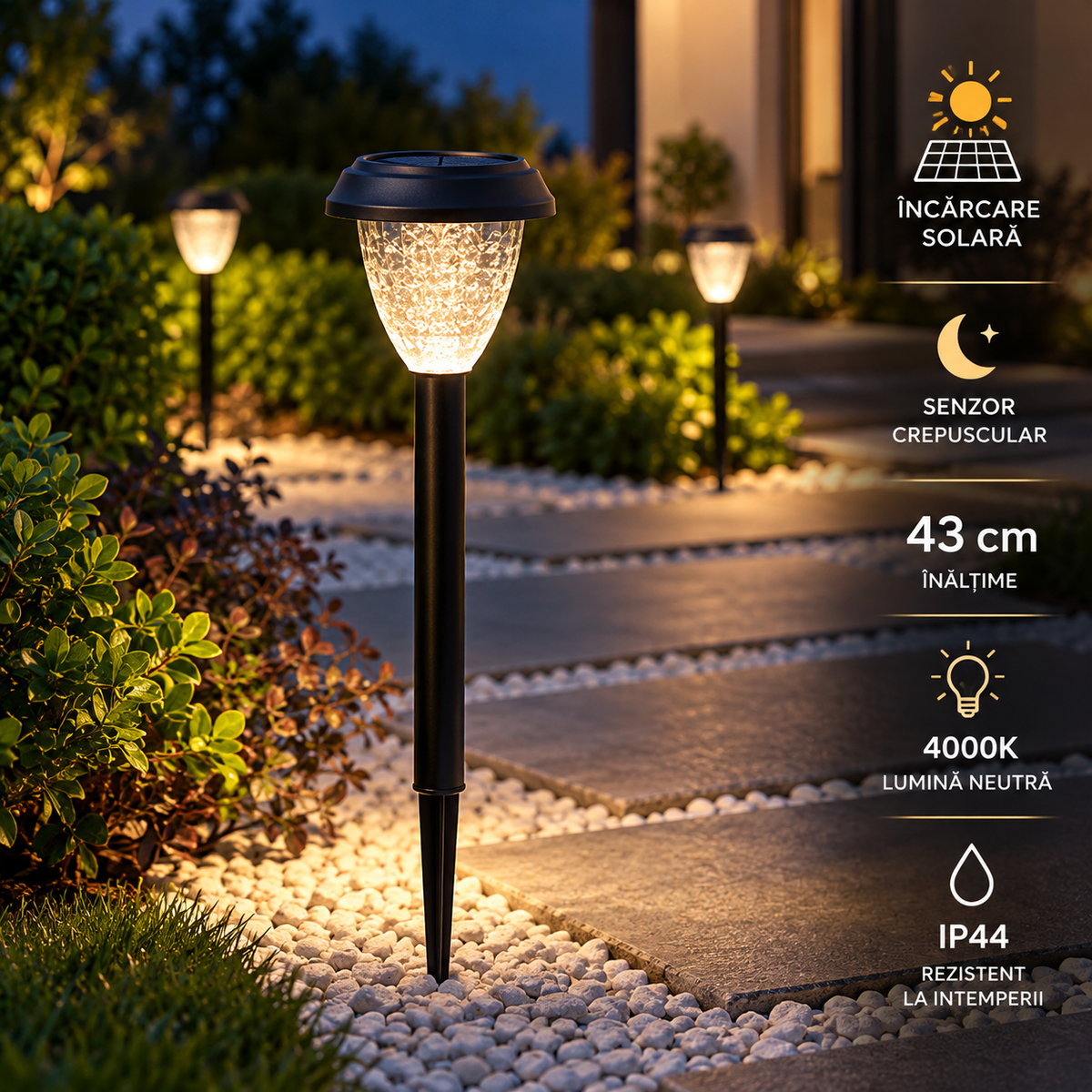 Stalp LED Gradina Atristar cu Incarcare Solara 43CM