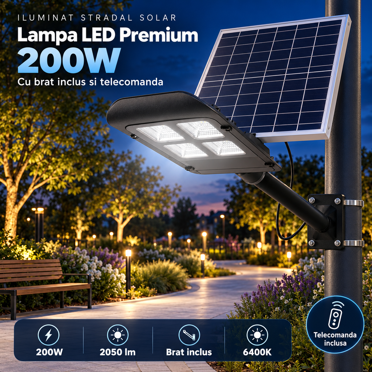 Lampa LED Premium 200W Iluminat Stradal Solara Cu Brat Inclus Telecomanda