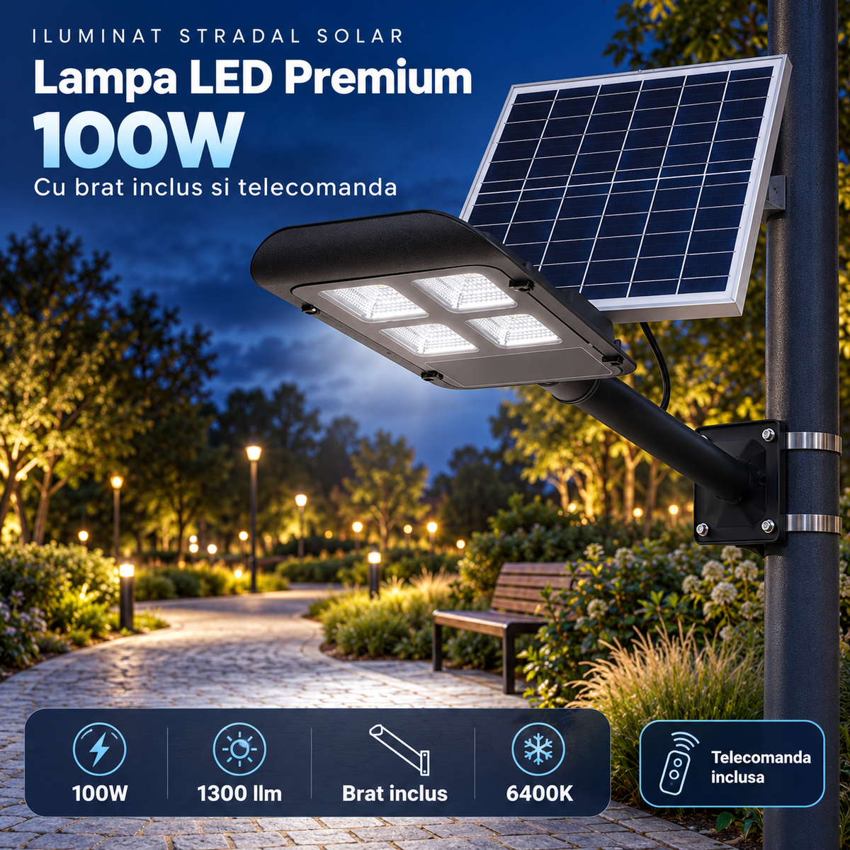 Lampa LED Premium 100W Iluminat Stradal Solara Cu Brat Inclus Telecomanda