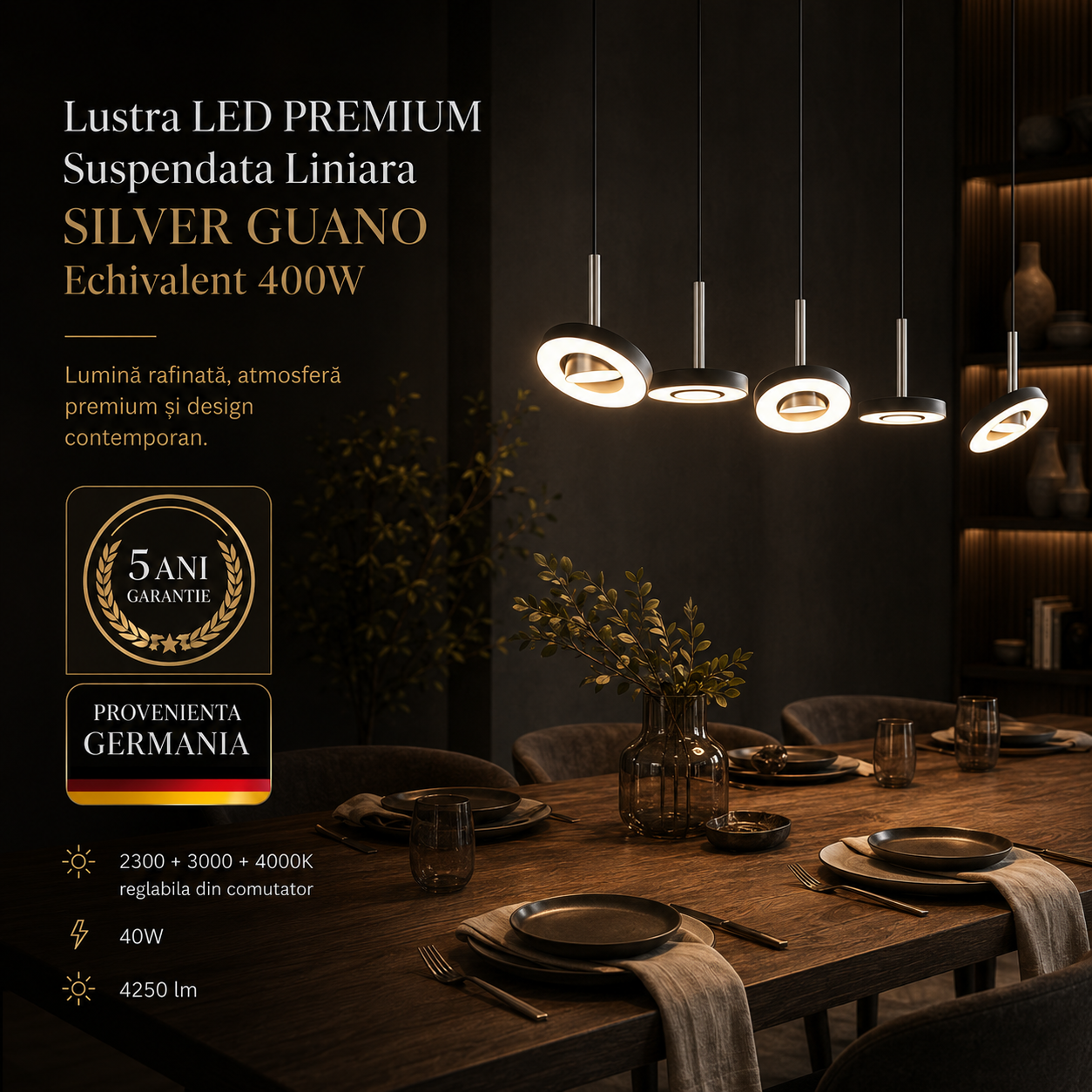 Lustra LED PREMIUM Suspendata Liniara SILVER GUANO Echivalent 400W