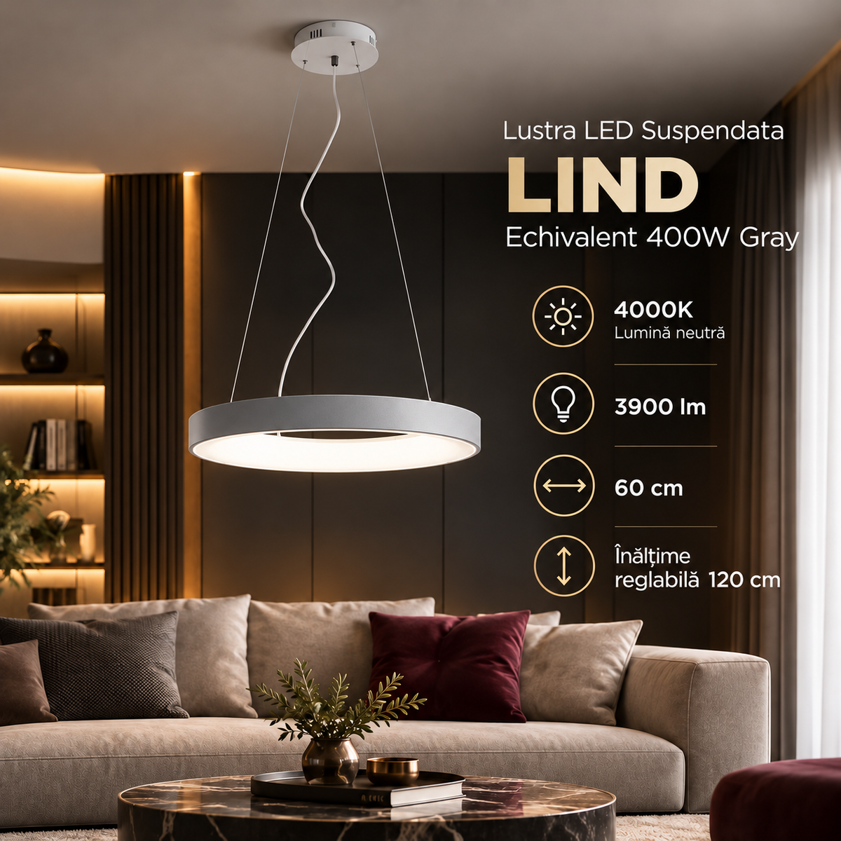 Lustra LED Suspendata LIND Echivalent 400W Gray 4000K