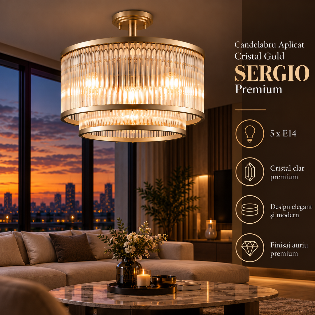 Candelabru Aplicat Cristal Gold SERGIO Premium 5 x E14