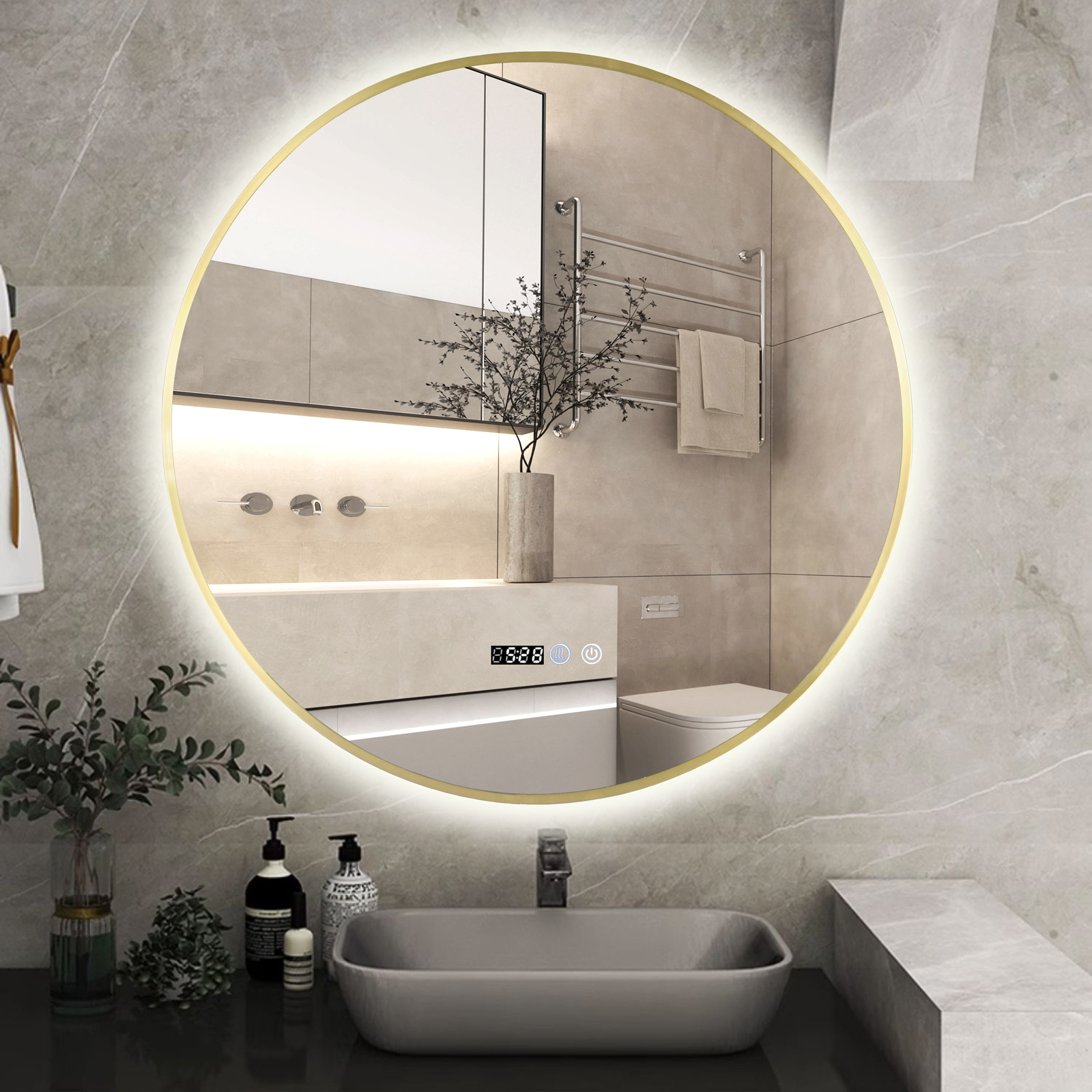 Oglinda LED Rotunda 70cm Rama Aurie, Ceas, Temperatura, Touch si 3 Lumini OD010T/GD