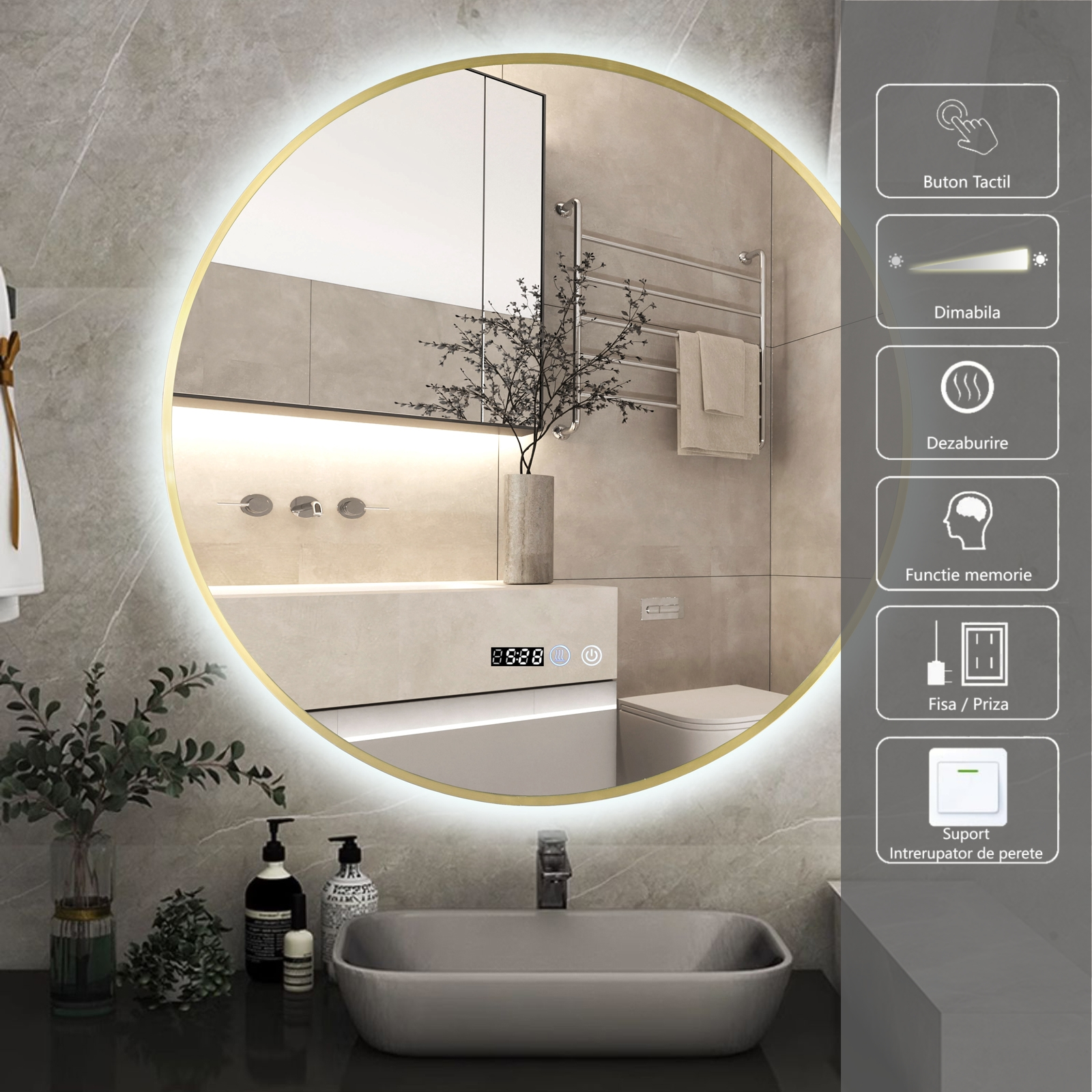 Oglinda LED Rotunda 70cm Rama Aurie, Ceas, Temperatura, Touch si 3 Lumini OD010T/GD