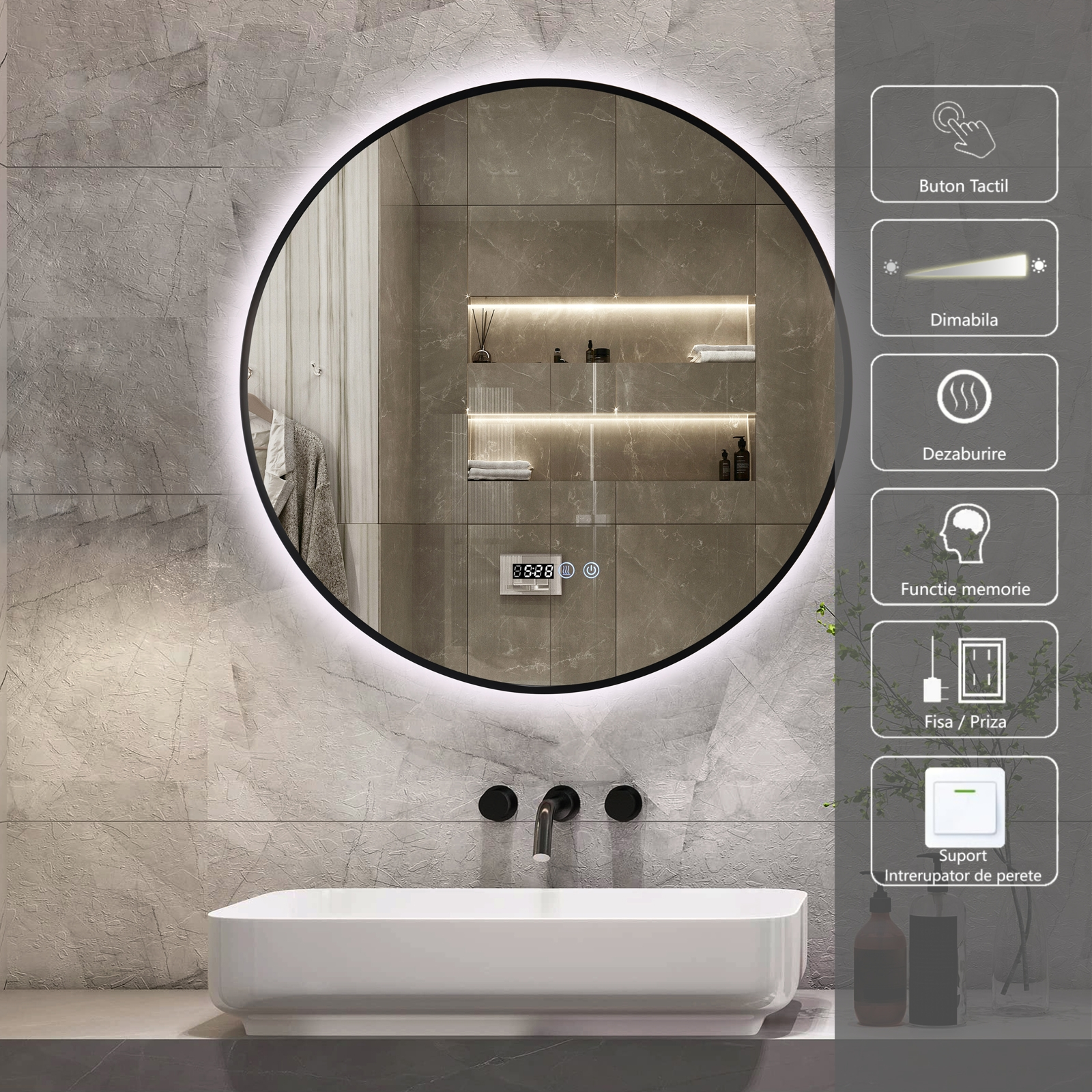 Oglinda LED Rotunda 70cm Rama Neagra, Ceas, Temperatura, Touch si 3 Lumini OD010T/BK