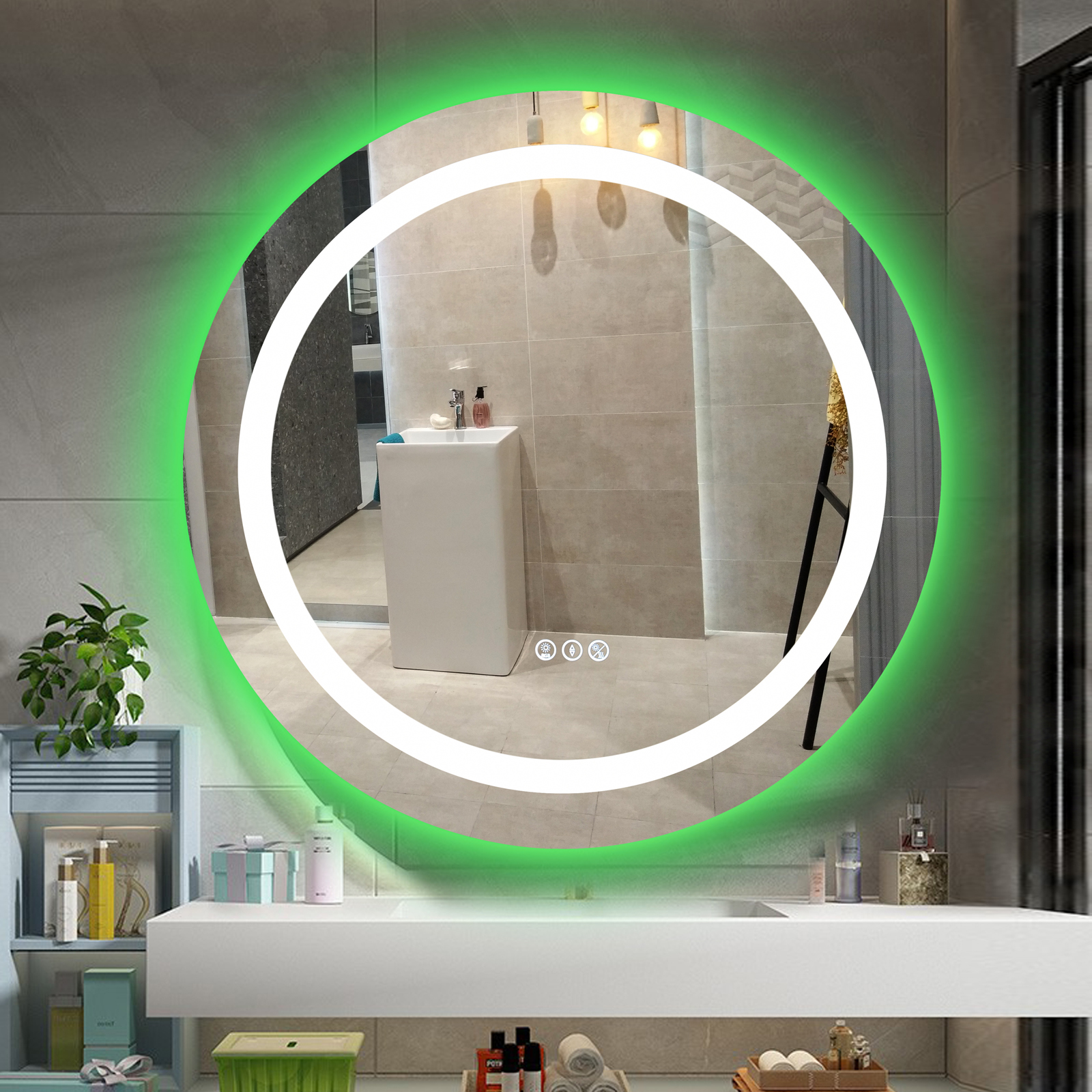 Oglinda LED RGB Rotunda 70cm, 3 Lumini, Dezaburire si Touch OD013-RGB