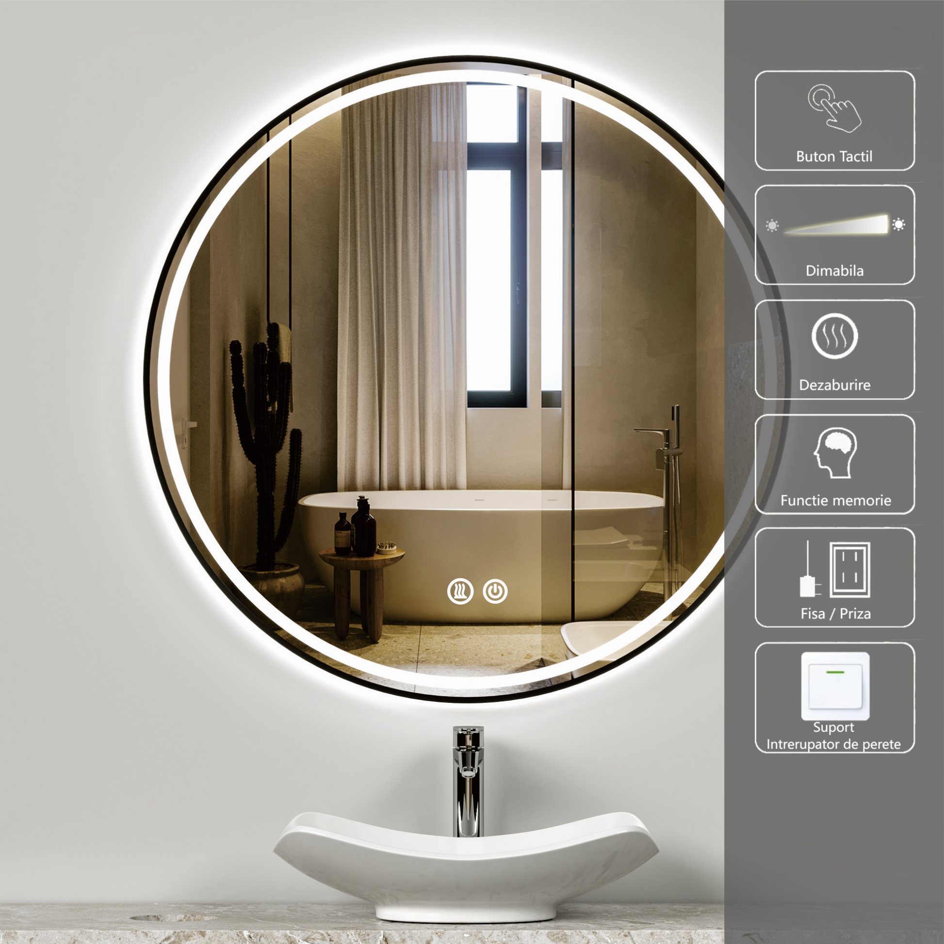 Oglinda LED Rotunda 70cm Rama Neagra, Touch si 3 Lumini OD016/BK