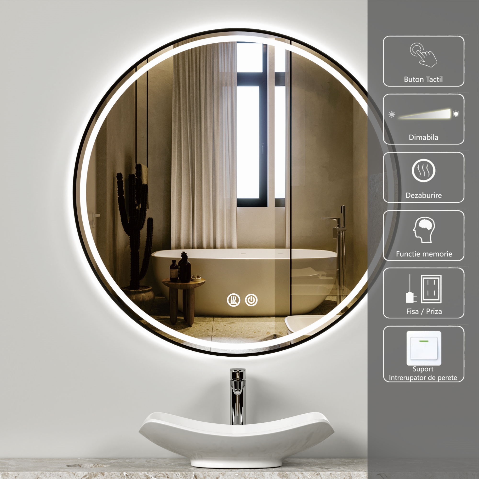 Oglinda LED Rotunda 70cm Rama Neagra, Touch si 3 Lumini OD016/BK