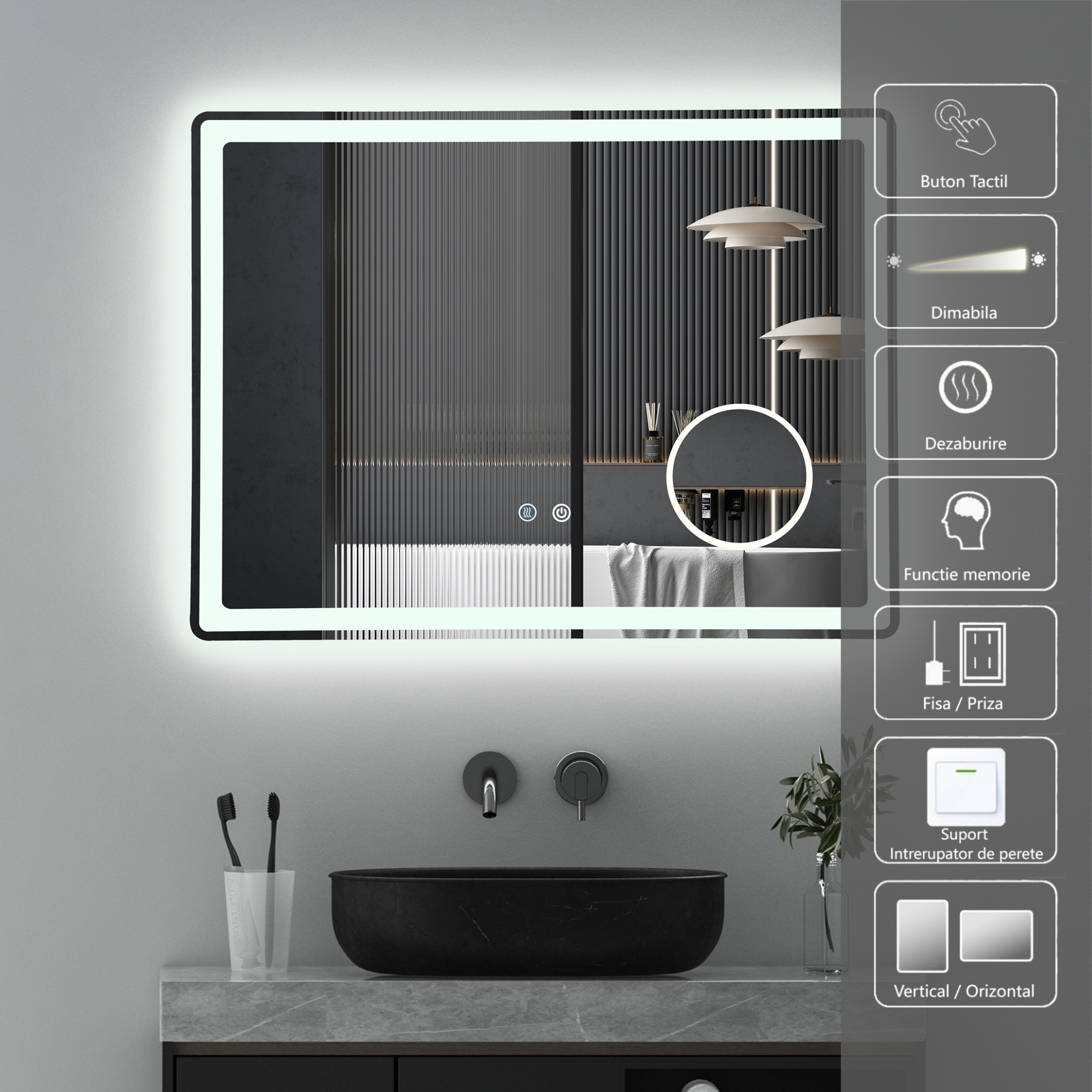 Oglinda LED 80x60cm, Lupa, 3 Lumini, Dezaburire si Touch OD023