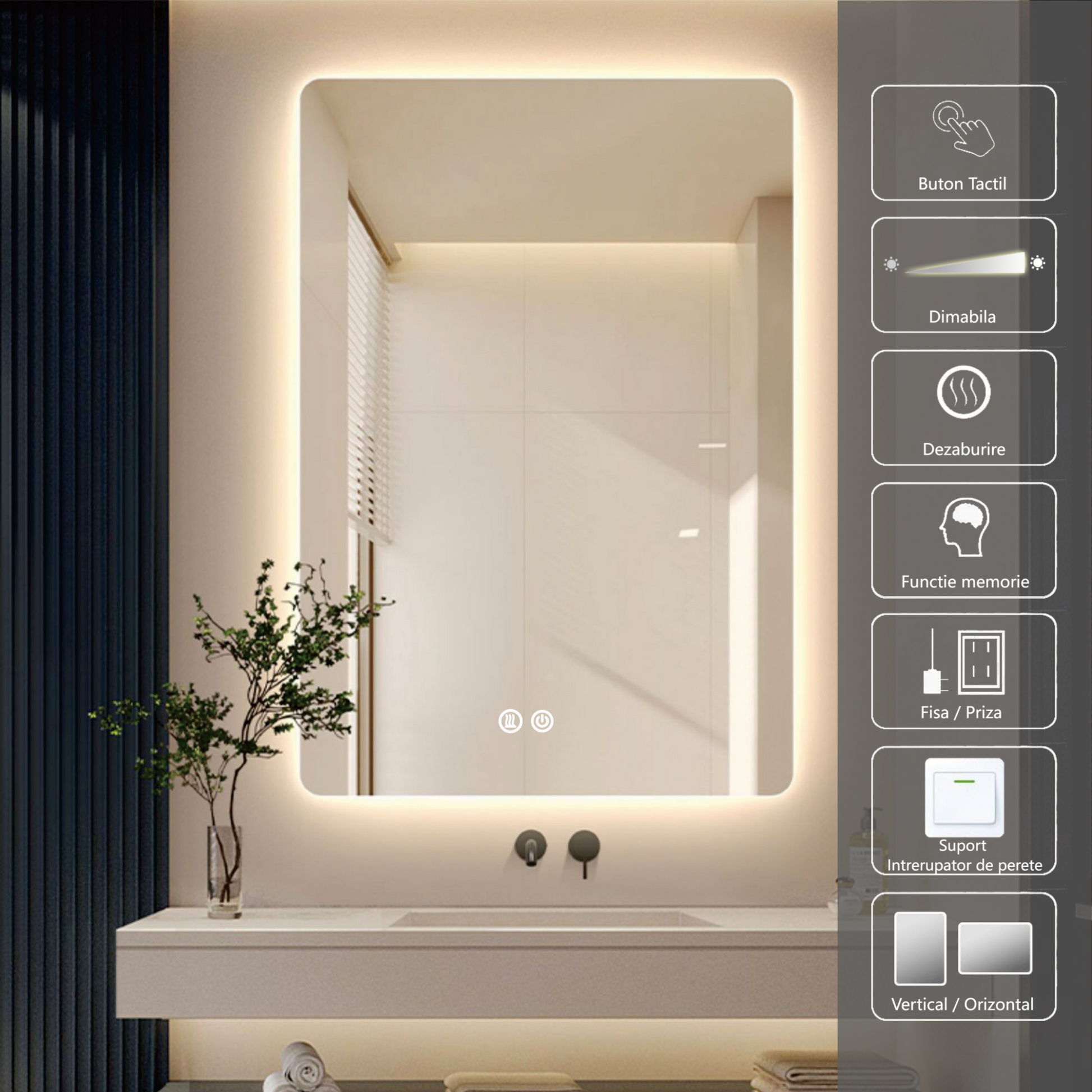 Oglinda LED 50x70cm, 3 Lumini, Dezaburire si Touch OD030