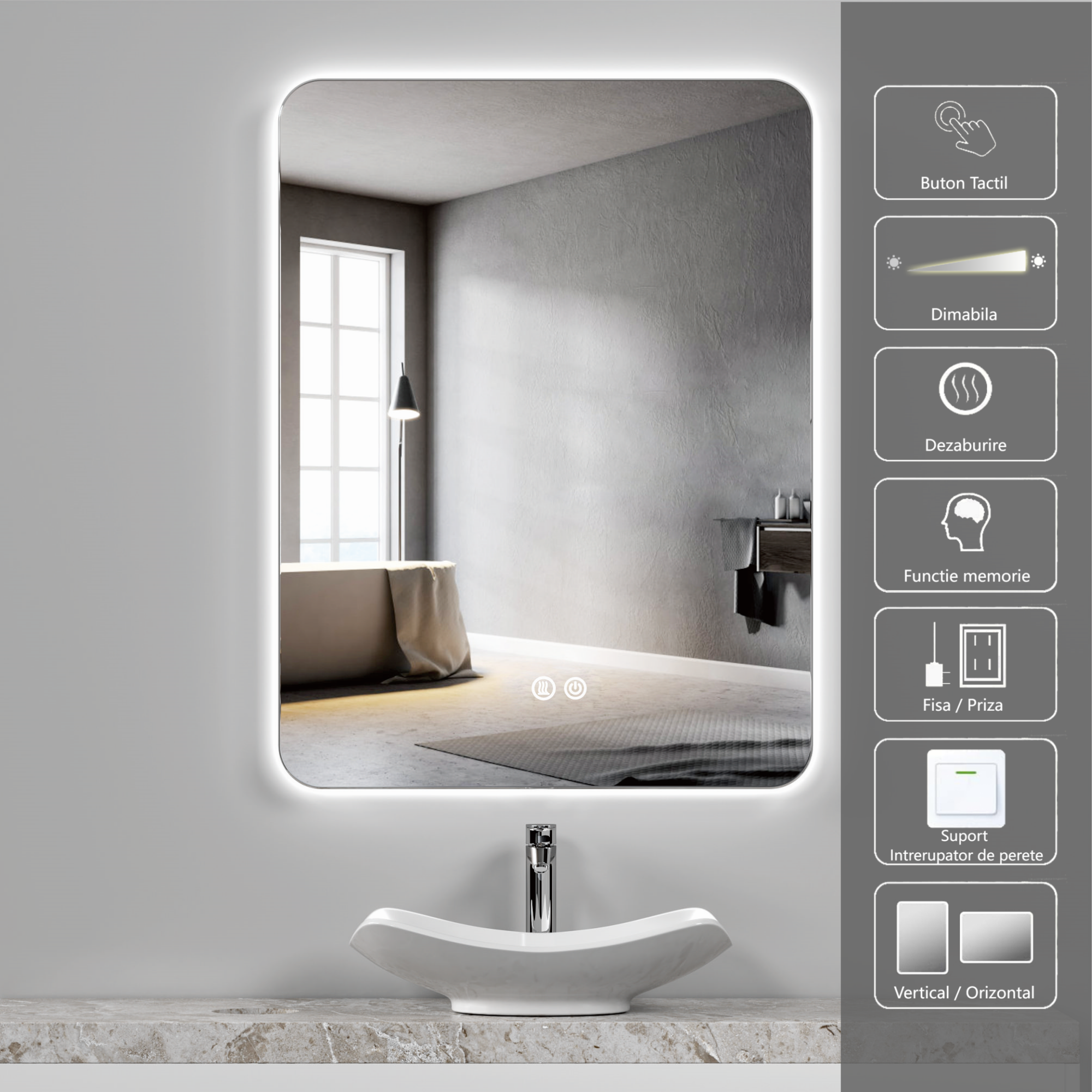 Oglinda LED 60x80cm, 3 Lumini, Dezaburire si Touch OD031