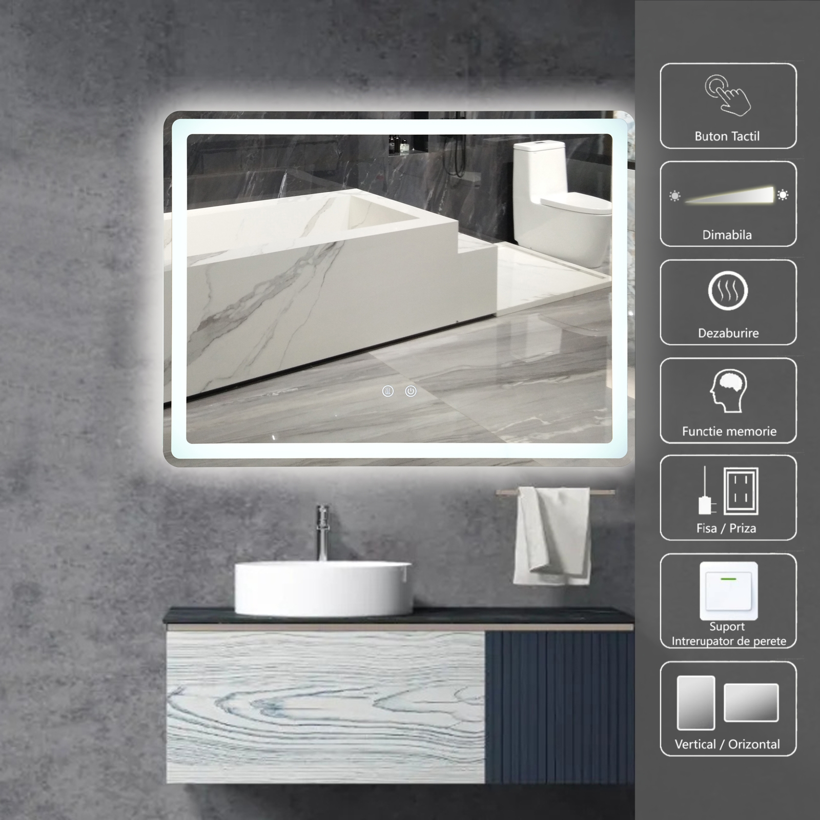 Oglinda Led 80X60Cm 3 Lumini Dezaburire Si Touch Od037Y Mirror