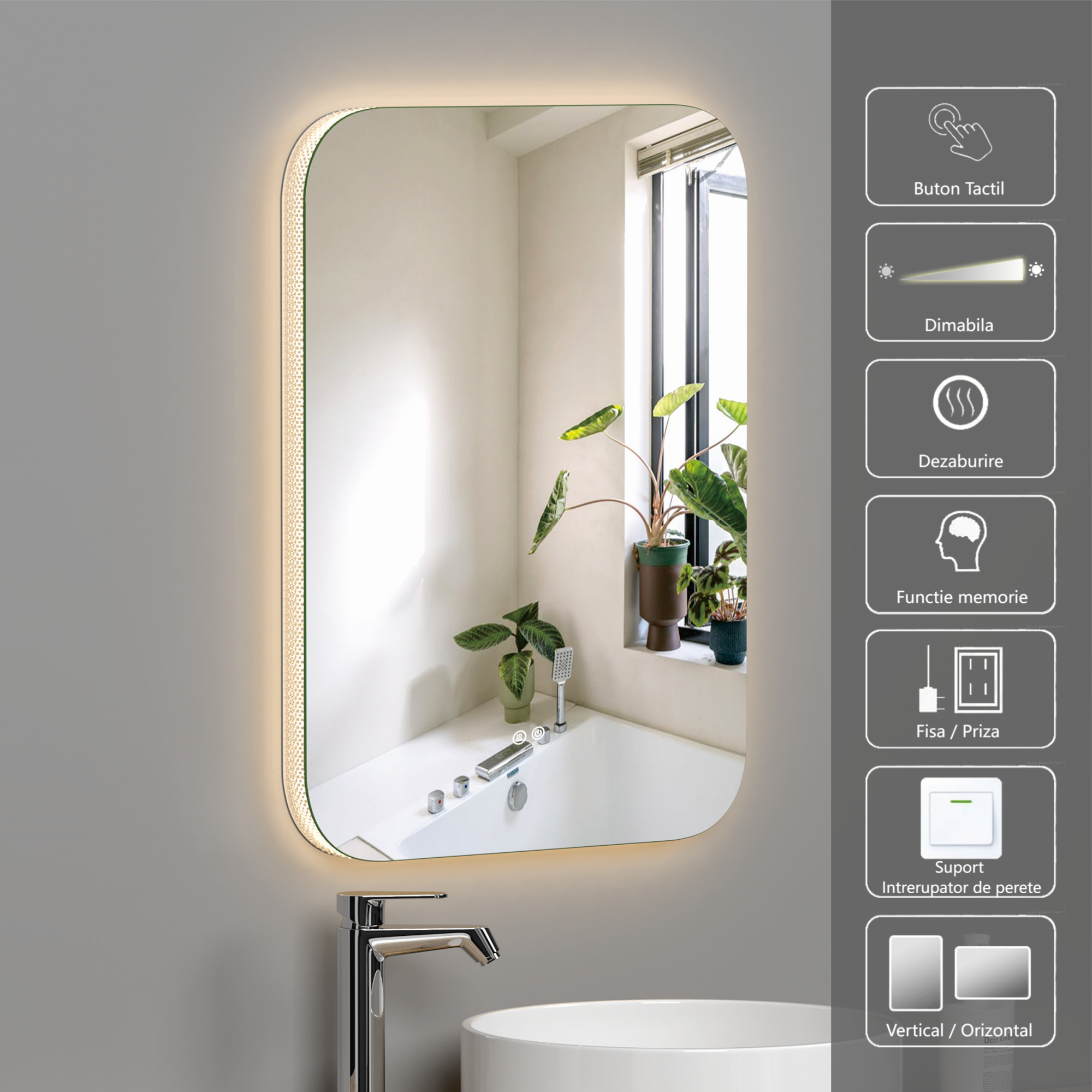 Oglinda Led 50X70Cm 3 Lumini Dezaburire Si Touch Od038 Mirror
