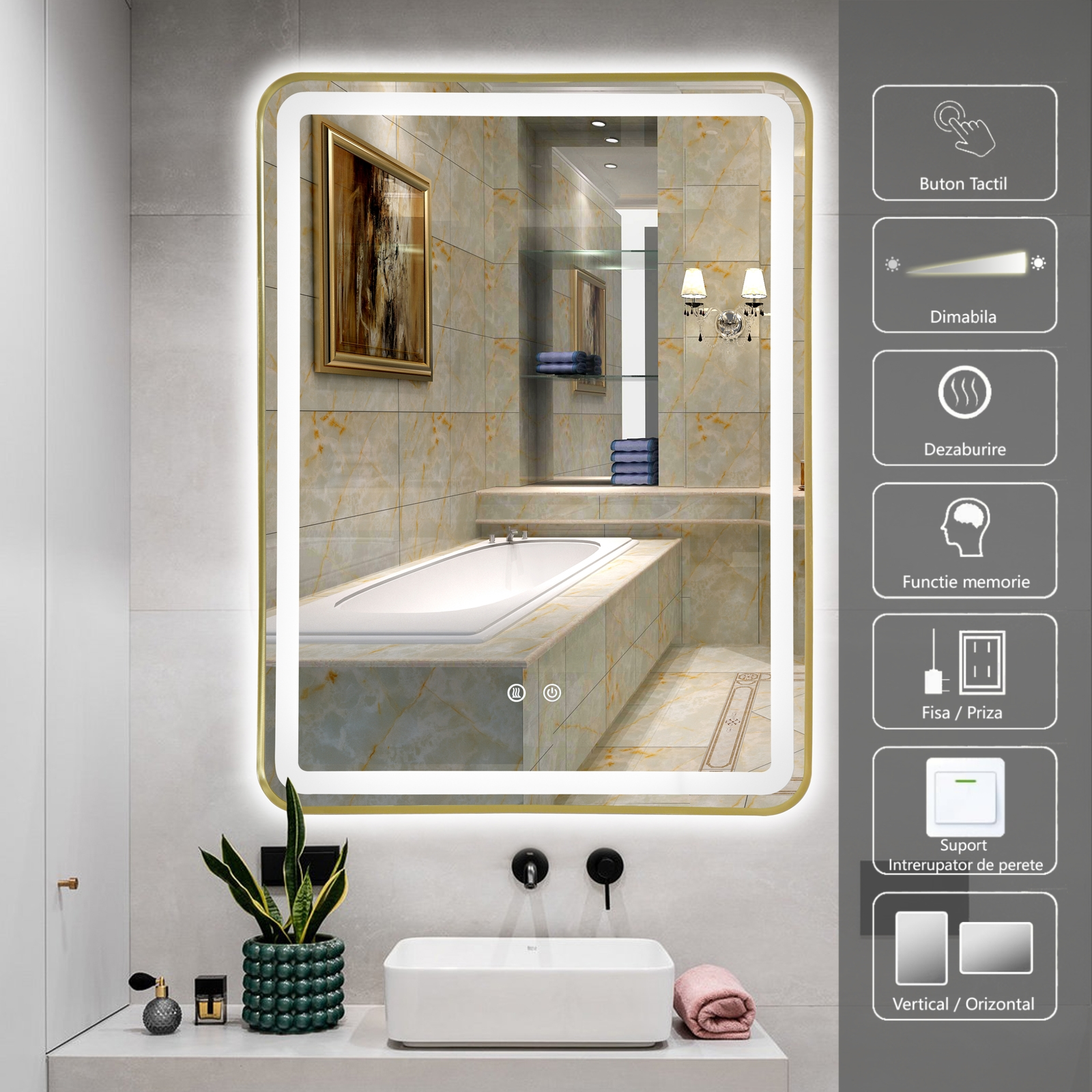 Oglinda LED 60x80cm Rama Aurie, 3 Lumini, Dezaburire si Touch OD039/GD