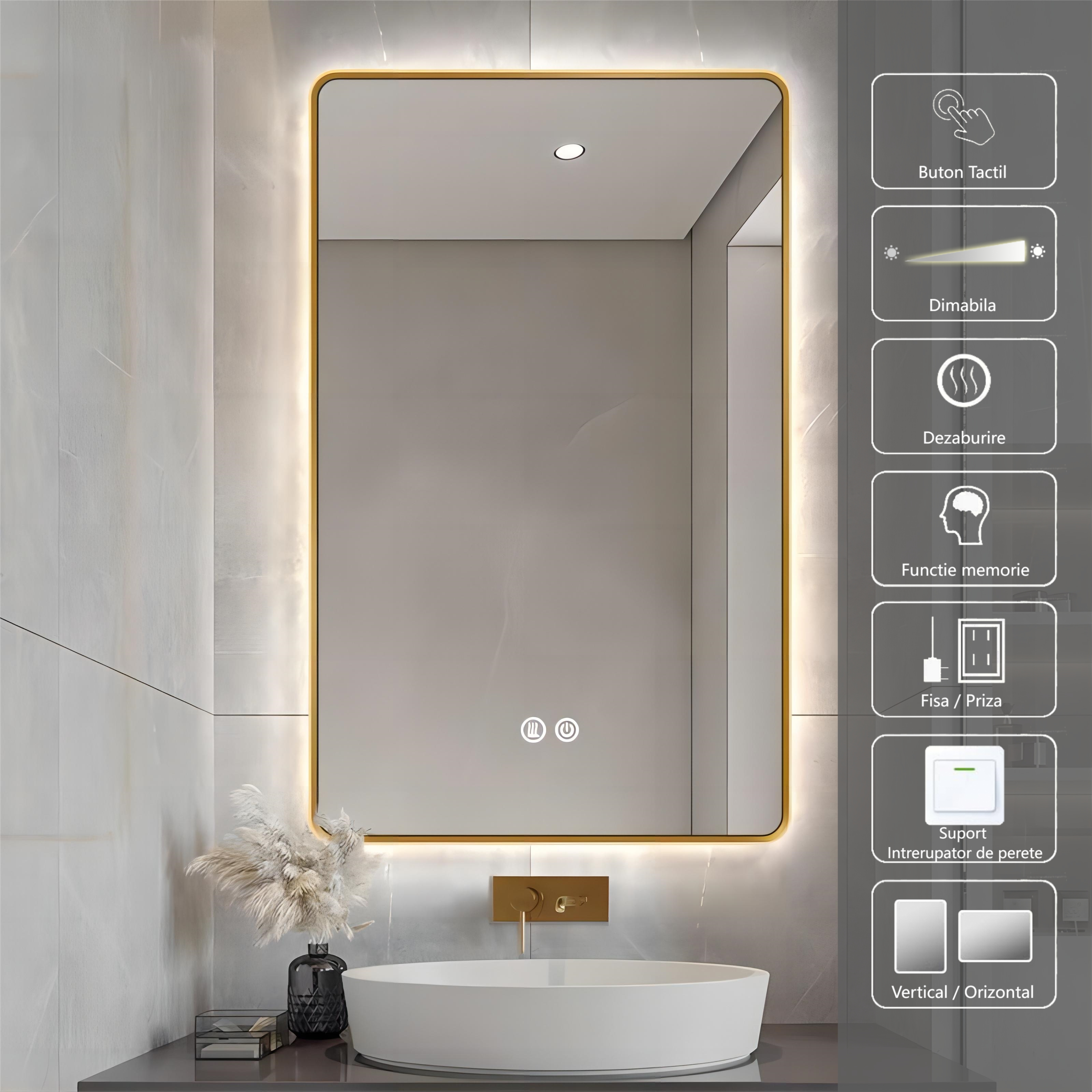Oglinda LED 60x80cm Rama Aurie, 3 Lumini, Dezaburire si Touch OD041/GD