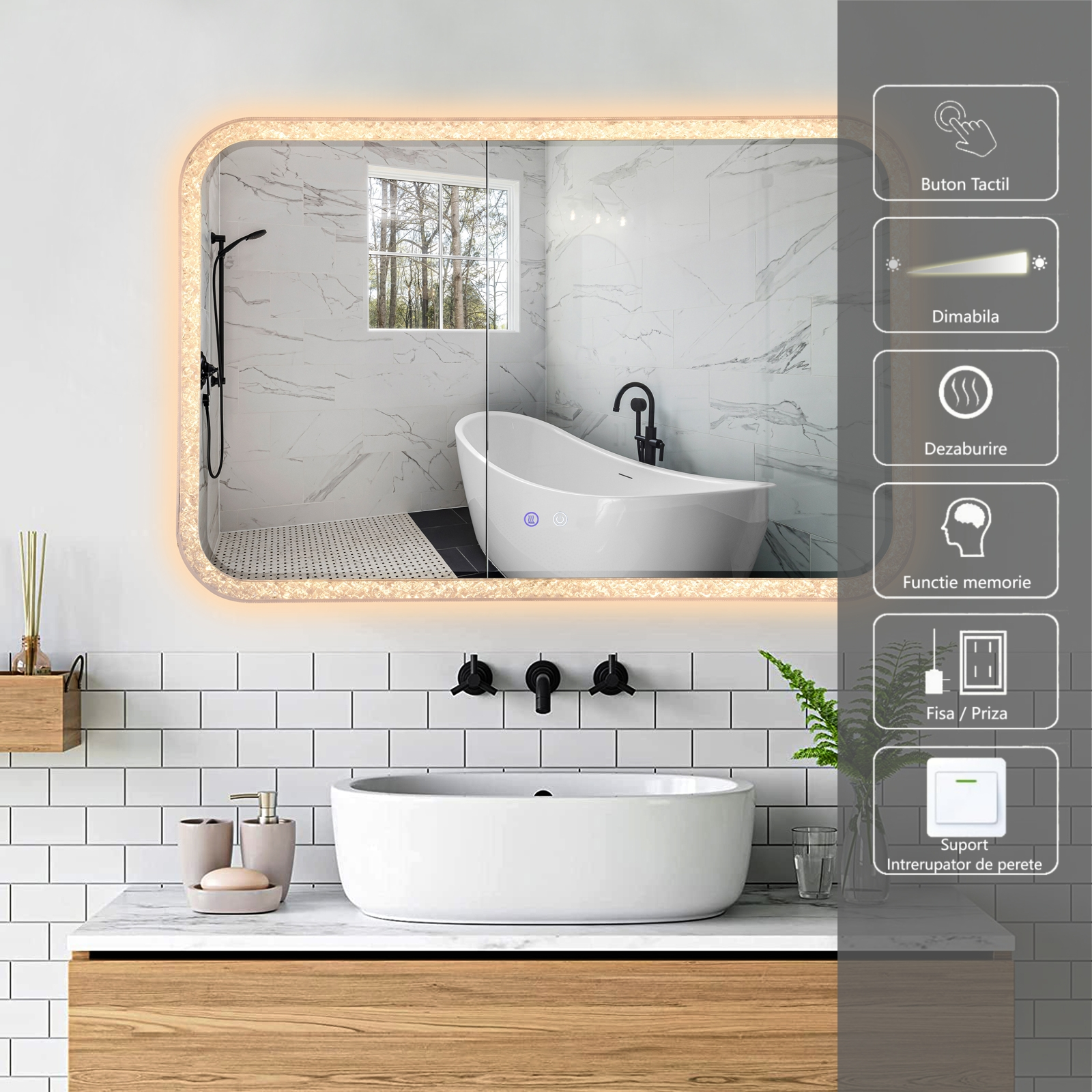 Oglinda LED 98x65cm, 3 Lumini, Dezaburire si Touch OD052