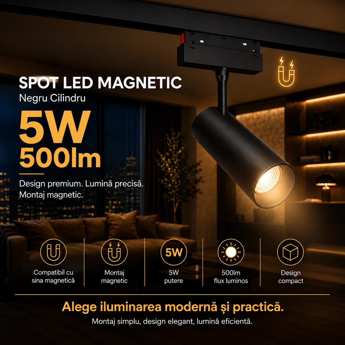 Spot LED 5W Magnetic Negru Cilindru