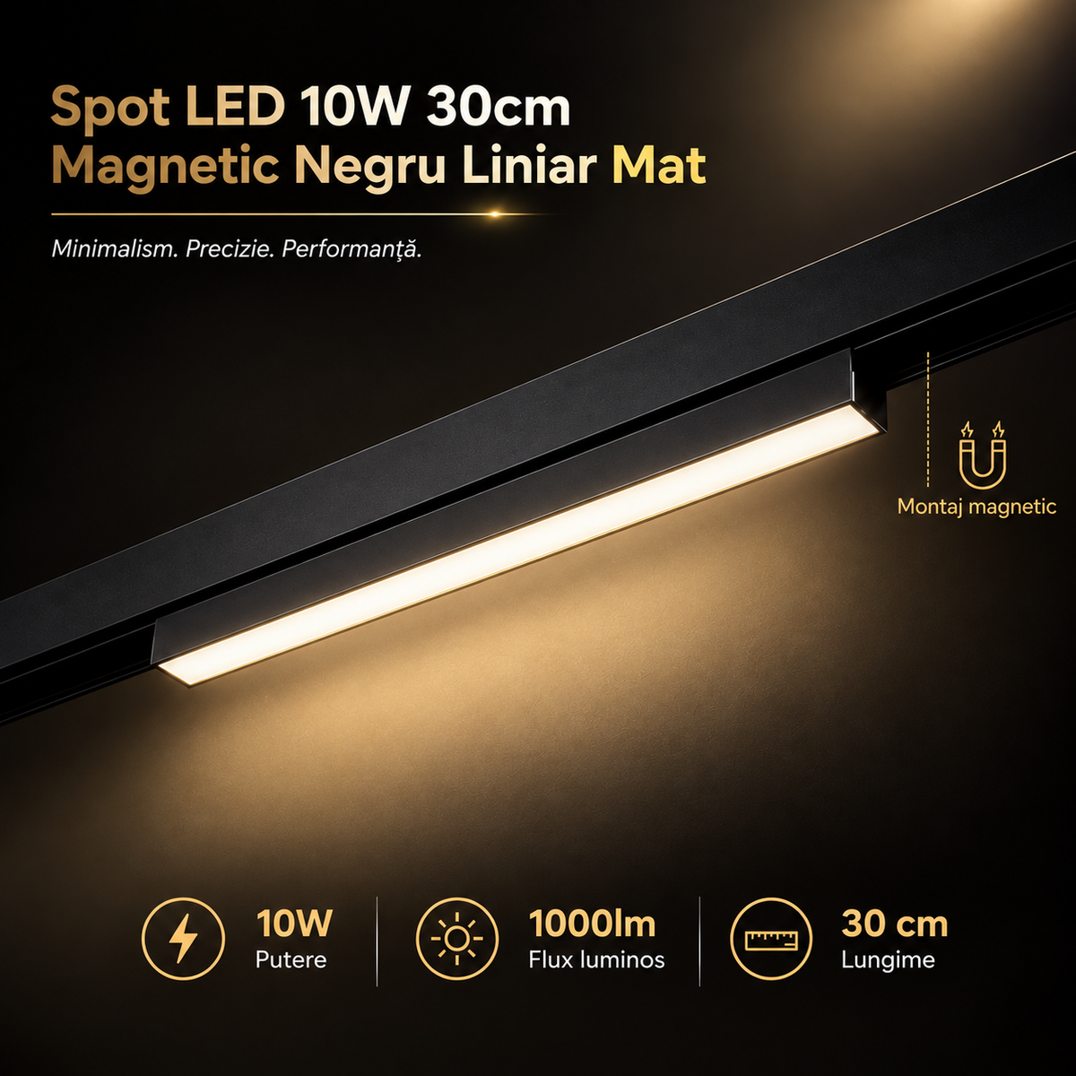 Spot LED 10W 30cm Magnetic Negru Liniar Mat