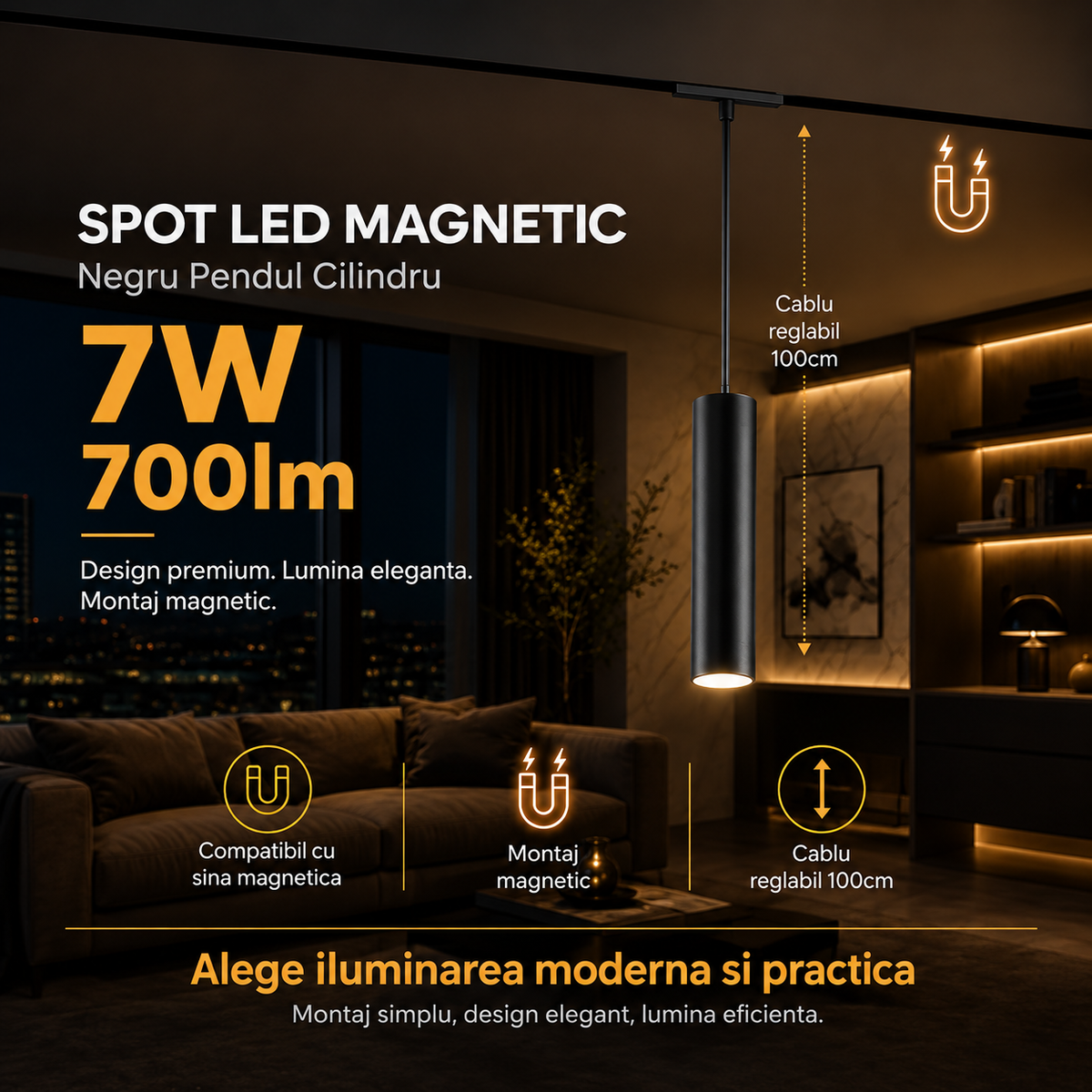 Spot LED 7W Magnetic Pendul Negru Cilindru