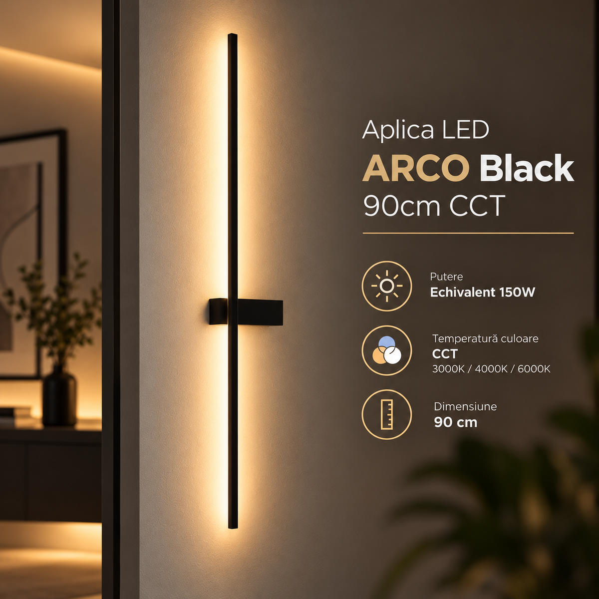 Aplica LED ARCO Black 90cm CCT Echivalent 150W Premium