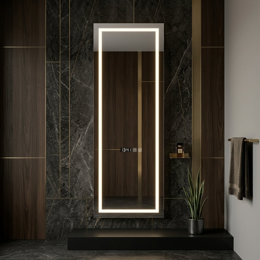 Oglinda LED FRAMELESS OPHELIA 45x140cm, Touch, 3 Lumini, Dezaburire, Ceas, Termometru si Senzor Prezenta