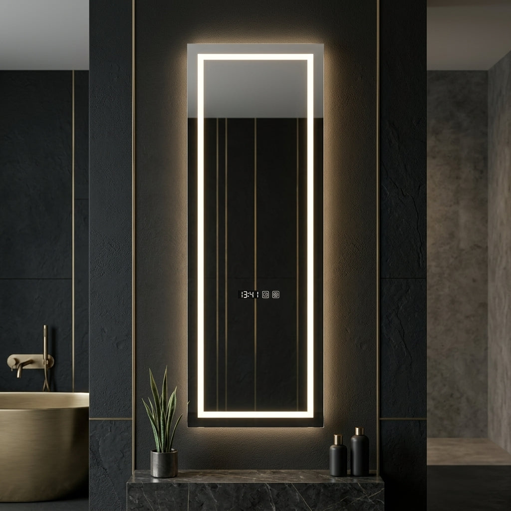 Oglinda LED FRAMELESS OPHELIA 45x140cm, Touch, 3 Lumini, Dezaburire, Ceas, Termometru si Senzor Prezenta