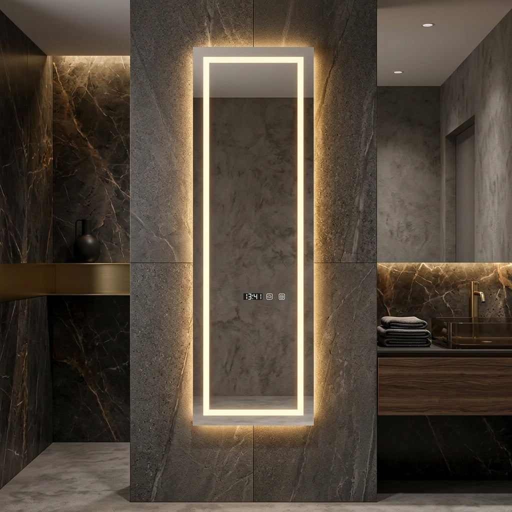 Oglinda LED FRAMELESS OPHELIA 45x140cm, Touch, 3 Lumini, Dezaburire, Ceas, Termometru si Senzor Prezenta