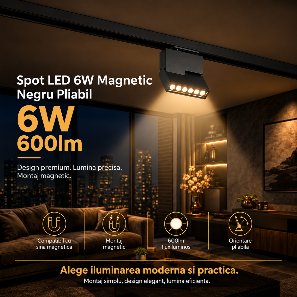 Spot LED 6W Magnetic Negru Pliabil