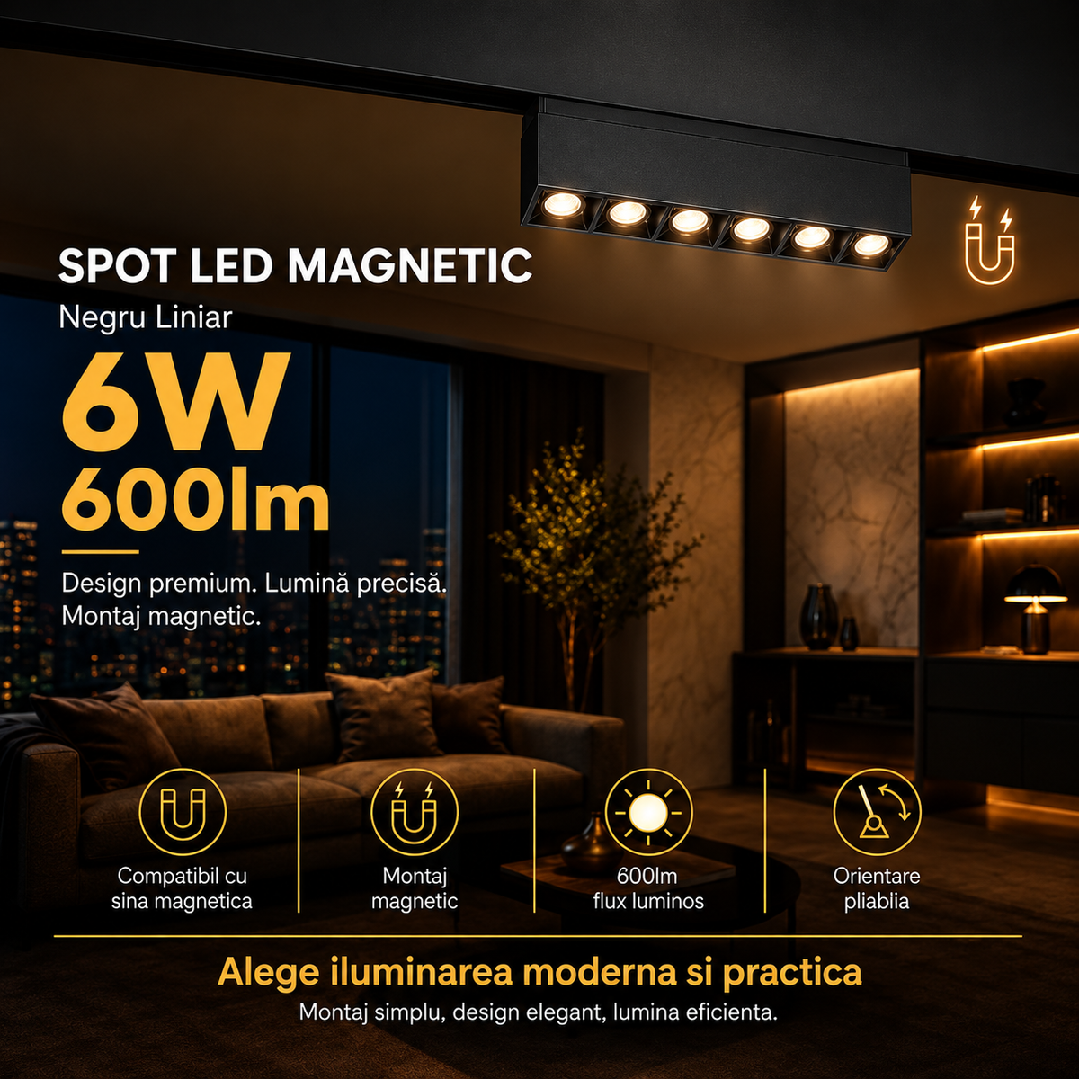 Spot LED 6W Magnetic Negru Liniar