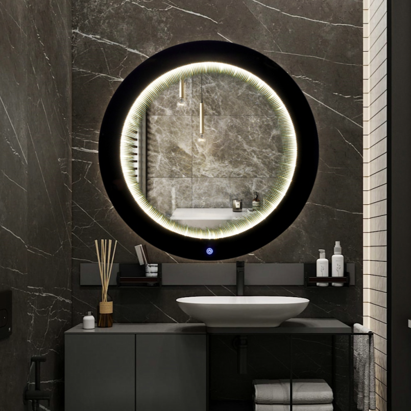 Oglinda LED Rotunda cu Rama Neagra 3D Infinity Mirror, 3 Lumini si Touch J183F