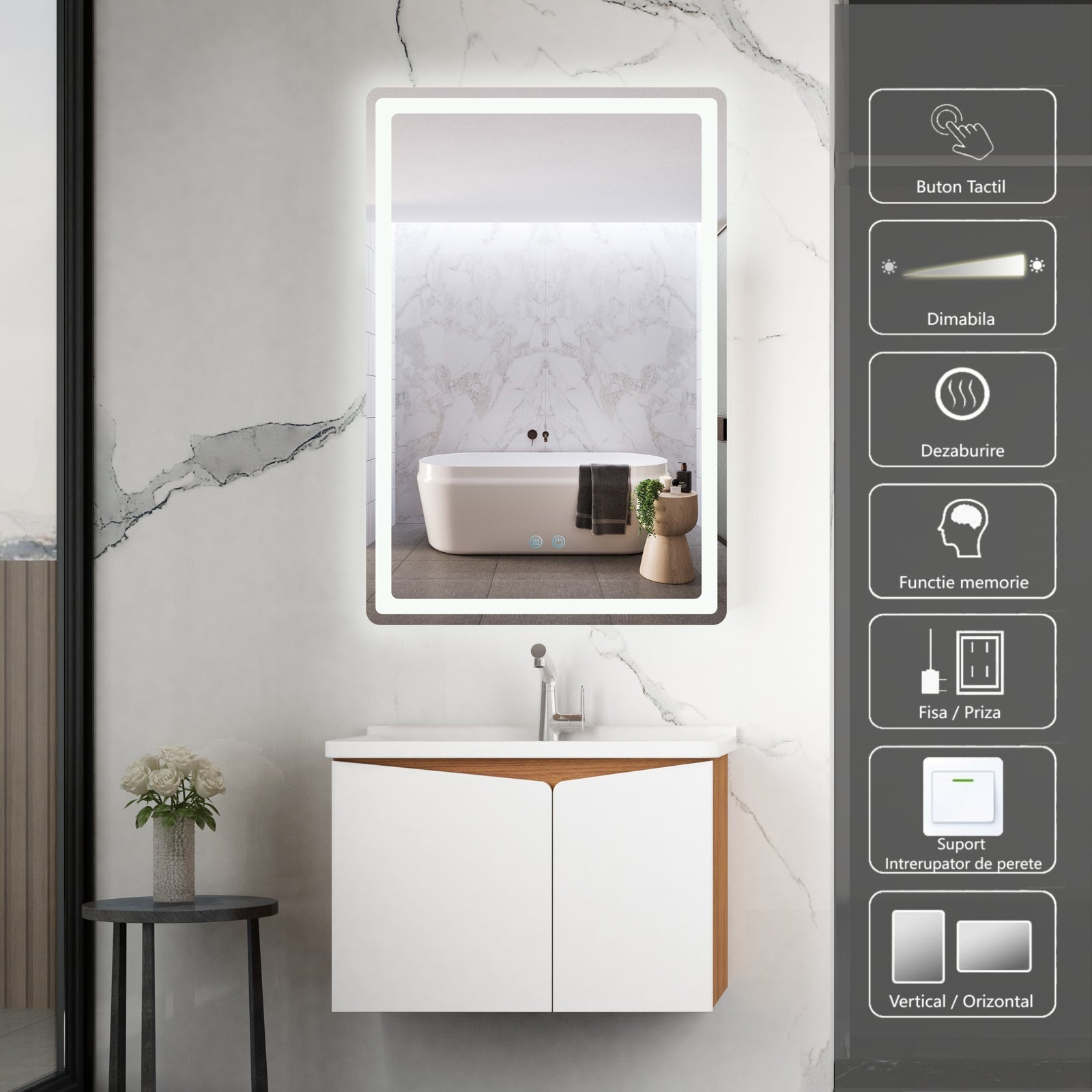 Oglinda LED 60x90cm, 3 Lumini, Dezaburire si Touch OD057