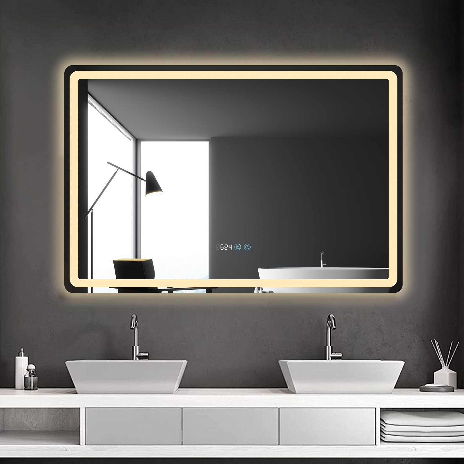 Oglinda LED 120x80cm Dezaburire, Ceas, Temperatura, Touch si 3 Lumini OD058