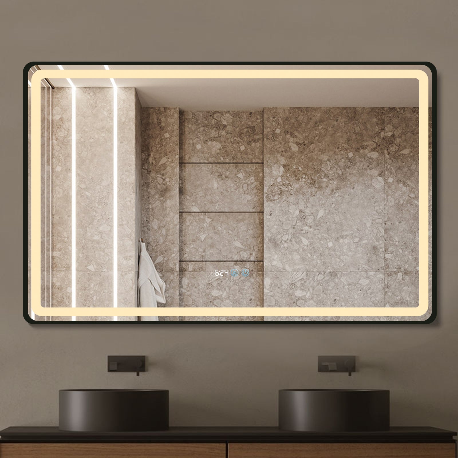Oglinda LED 110x70cm Rama Neagra, Dezaburire, Ceas, Temperatura, Touch si 3 Lumini OD058/BK