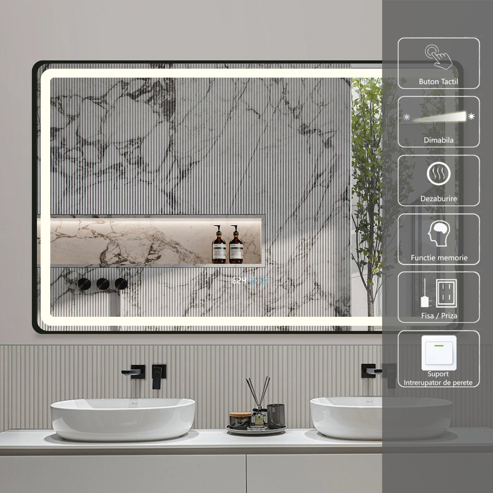 Oglinda LED 110x70cm Rama Neagra, Dezaburire, Ceas, Temperatura, Touch si 3 Lumini OD058/BK